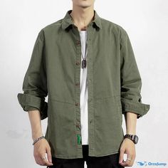 OrcaJump - Long-Sleeve Casual Shirt with Turn-Down Collar. Green Long Sleeve Shirt With Roll-up Sleeves, Casual Khaki Shirt With Roll-up Sleeves, Green Casual Shirt With Casual Collar, Green Long Sleeve Flannel Shirt, Green Long Sleeve Shirt With Relaxed Fit, Green Relaxed Fit Long Sleeve Shirt, Khaki Cotton Top With Casual Collar, Casual Green Long Sleeve Shirt, Khaki Long Sleeve Cotton Shirt