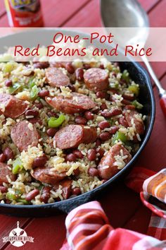 one - pot red beans and rice with sausage in a skillet on the table