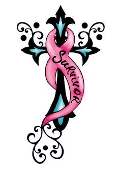 a cross with a pink ribbon on it and the words survivor written in black ink