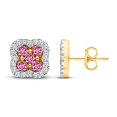 These luxe clover-shaped pink sapphire and diamond earrings bring a playful and pretty touch to any look. 14K yellow gold Four round natural pink sapphires create the bright centerpiece of each stud Round diamonds shine on a dazzling clover-shaped frame Total diamond weight is 3/8 carat Friction backs From the Kallati Collection Pink Diamond Earrings With Accents, Pink Diamond Earrings With Diamond Accents, Pink Diamond Earrings As Gift, Pink Diamond Earrings For A Gift, Pink Diamond Earrings Gift, Pink Diamond Earrings With Diamond Accents As Gift, Gift Pink Diamond Earrings With Accents, Gold Pink Sapphire Earrings In Fine Jewelry Style, Pink Diamond Earrings With Prong Setting For Anniversary