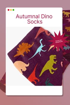 Say hello to your new favorite pair! Our Autumnal Dino Socks offer the perfect blend of dino-inspired fun and autumn-friendly colors. Aubergine, orange, and more, these socks will have you roaring with excitement! Don't miss out on the ultimate fall accessory. Add some Dino-flavor to your wardrobe! Socks for Adventure! Sushi Plate, Sock Drawer, Fall Accessories, Novelty Socks, Designer Socks