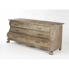 an old wooden dresser with three drawers and two pulls on the bottom, against a white background