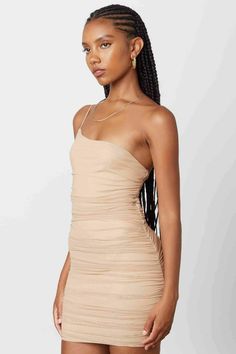 One Shoulder Bodycon Dress Tan Hoco Dress, Hoco Fits, Dinner Date Dresses, Nude Color Dress, Nude Mini Dress, Dress With One Shoulder, One Shoulder Bodycon Dress, Tan Dress, Boho Pink