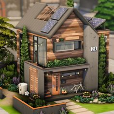 a small house with solar panels on the roof and plants growing out of the windows