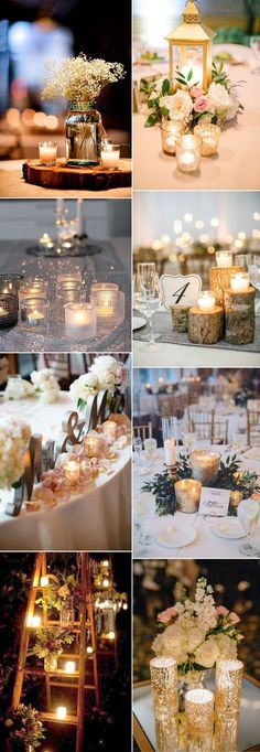 many different pictures of candles and flowers on the table in front of each other,