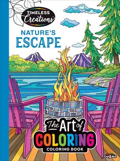 the art of coloring book for adults and children with an image of two chairs sitting in front of a fire pit