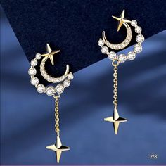 14k Gold Plated Crystals 1.6”L X .55”W Post Closure V-D7-A (6) Gold Celestial Earrings For Formal Occasions, Micro Mosaic Jewelry, Flower Resin Jewelry, Earrings Moon, Celestial Earrings, Stick Earrings, Crystal Moon, Moon And Star Earrings, Earrings Elegant