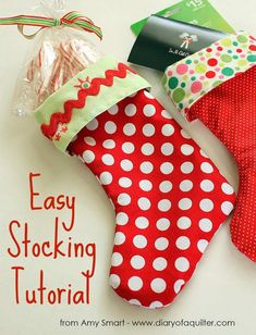 an easy stocking pattern for christmas stockings is shown with candy in the bag and on the table