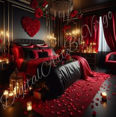 a bedroom decorated in black and red with rose petals on the bed, candles and curtains