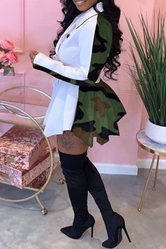 White Fashion Casual, Asymmetrical Blouse, Khaki Fashion, Long Sleeve Dresses, Camouflage Print, Turndown Collar, Patchwork Dress, Hip Dress, Sleeve Dresses