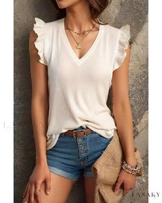 Lasaky - Stylish Solid Color Blouse featuring Elegant Ruffle Sleeves and Flattering V-neck Design White V-neck Ruffled Tops, White V-neck Ruffle Top, Summer V-neck Top With Ruffles, Long Sleeve Activewear, Color Blouse, Ruffled Sleeves, Daily Dress, Ruffle Sleeves, V Neck Blouse