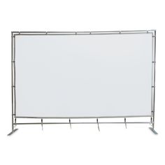 a large white board with metal poles on the bottom and sides, in front of a white background