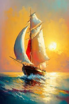 a painting of a sailboat sailing in the ocean at sunset or sunrise with bright sun behind it