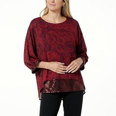 Colleen Lopez Mixed Media Sequin Trim 3/4-Sleeve Top   Effortlessly elevate outfits with this fab and flowy top. A fun addition to any wardrobe, the pullover features stylish 3/4 sleeves, a flattering scoop-neck, and a chic hi-low hem. Sequin accents on the cuffs and attached tank give the look a glam touch. Half Sleeve Blouse For Layering, Flowy Fall Blouse With 3/4 Sleeves, Chic 3/4 Sleeve Tops For Layering, Chic Flowy Top With 3/4 Sleeves, Half Sleeve Tops For Layering In Fall, Half Sleeve Tops For Fall Layering, 3/4 Sleeve Blouse For Fall Layering, Flowy Top, Draped Fabric