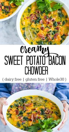 two bowls of creamy sweet potato bacon chowder with spinach and parsley on the side