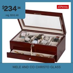 an open wooden watch box with twelve watches in it and the price tag below is $ 28