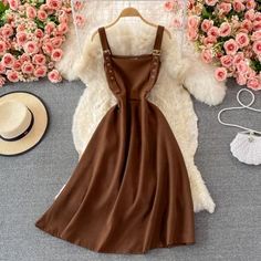 Brown Solid Winter Dress, Brown Solid Color Winter Dress, Chic Brown Dress With Buttons, Brown Solid Color Mini Dress, Chic Brown Midi Dress With Buttons, Fitted Brown Midi Dress With Buttons, Dark Academia Fitted Dresses For Spring, Fitted Dark Academia Dresses For Spring, Brown Solid Color Midi Dress For Fall