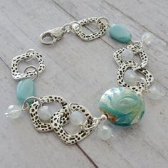 Aqua Bead Bracelet-Silver Linked Bracelet-Beach-Glass Bead Bracelet-Bracelet-Beaded Bracelet-Silver Bohemian Silver Charm Bracelet With Round Beads, Silver Beaded Jewelry For Beach, Silver Beaded Chain Bracelets, Silver Beaded Chain Charm Bracelet Gift, Silver Bracelet With Beaded Chain For Gift, Beach Jewelry Faceted Bead Bracelets, Beach Jewelry Bracelet With Faceted Beads, Silver Beaded Bangle Charm Bracelet, Adjustable Silver Charm Bracelet With Beaded Chain