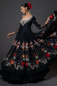 Black flared anarkali with all over contrast floral print, multi color resham embroidery and contrast vintage pattern yoke. Paired with churidar and printed dupatta. - Aza Fashions Flared Anarkali, Floral Anarkali, Resham Embroidery, Rohit Bal, Printed Dupatta, Black Flare, Fashion App, Churidar, Vintage Pattern