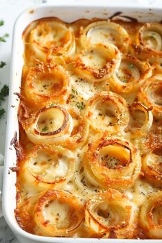 a casserole dish with cheese and onion rings in it on a white surface