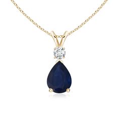 This classic solitaire pendant features a pear-shaped sapphire secured in a prong setting. A brilliant round diamond sits atop the blue gemstone adding to the design's charm. Simple yet appealing, this sapphire pendant in 14k yellow gold is crafted with a lustrous v-bale. Tanzanite Pendant, Blue Sapphire Pendant, Solid Gold Chains, Sapphire Pendant, Teardrop Pendant, Solitaire Pendant, Natural Blue Sapphire, Blue Gemstones, Fine Jewellery Necklace