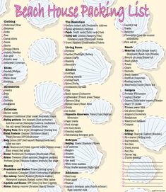 the beach house packing list is shown in pink, white and blue colors with scallop