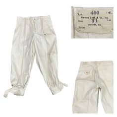 1930s Nwt Loebs White Cotton Button Fly Knickers Pants Workwear / Waist 28 Features: * Button Fly. * Waist Pockets. * Cropped Ankle With Adjustable Strap * Material: Feels Like A Woven Cotton * Circa: 1930s Measurements: * Taken Lying Flat. * Best Fit Would Be A Waist 28” * Waist- 28” * Hips- 36” * Length- 31” * Inseam- 22” Label: Loebs Mechanic Atlanta, Georgia Condition: New Old Stock With Original Tags But There Is Wear From Nearly 100 Years In Storage. Some Dust Marks In Creases, Large Spot Knickers Pants, Atlanta Georgia, Woven Cotton, Mens Trousers, Cotton Weaving, 100 Years, White Cotton, Mens Pants, Favorite Outfit