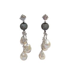 CZ Sterling Baroque Pearl Drops Triple Strand Tassel Silver Dangle Earrings Fabulous Sterling Silver Drop Earrings with glittering CZs, suspending cascading multi strands of large Cultured Freshwater Baroque Pearls on Black Rhodium CZ chains from a CZ stud and Black Rhodium encrusted Disco Ball; approx. 3” long. For the fashionably fearless, providing a rare blend of elegance and edge! Ball Earrings, Sterling Silver Drop Earrings, Silver Dangle Earrings, Cubic Zirconia Earrings, Zirconia Earrings, Silver Drop Earrings, Disco Ball, Silver Earrings Dangle, Earrings Dangle