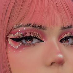 Rave Makeup With Gems, Pink Concert Makeup Ideas, Fun Makeup With Gems, Creative Pink Makeup, Sylveon Makeup, Pink Circus Aesthetic, Pink Concert Makeup, Unique Makeup Looks Fun, Graphic Liner Makeup Looks