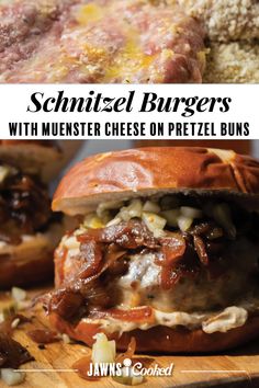 a hamburger with meat and cheese on pretzel buns