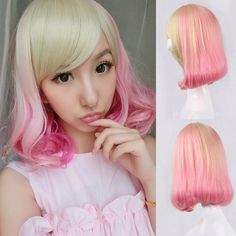 Fashion Blonde Mix Pink Short Straight Curly Women Lady Girl Hair Wig Wigs + Cap Curly Women, Ombre Blonde, Lady Girl, Mild Shampoo, Full Wigs, Blonde Ombre, Girl Hair, Pink Ombre, Wig Cap