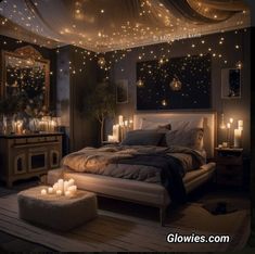 a bed room with a neatly made bed and lots of lights on the ceiling above it