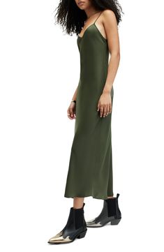 Channel retro-chic style with this silky slipdress in a bold, vibrant hue. 45 1/2" length (size 8) Slips on over head V-neck Adjustable straps Unlined 100% polyester Hand wash, dry flat Made in Turkey Retro Chic, All Saints, Forest Green, Chic Style, Adjustable Straps, Hand Wash, Slip On, Nordstrom, Forest