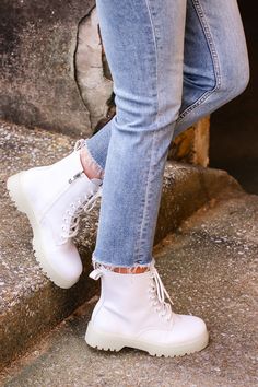 White / 5.5 My Generation Faux Leather Combat Boots - FINAL SALE - Madison and Mallory White Combat Boots Outfit, Combat Boot Outfit, White Combat Boots, Leather Combat Boots, Boat Neck Tops, Boots Outfit, Suede Booties, Leather Booties, Timberland Boots