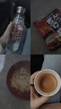 there are four pictures with different foods and drinks in them, including coffee, rice noodles, and water