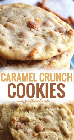 two cookies stacked on top of each other with the words caramel crunch cookies above them