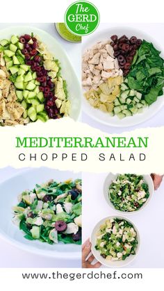 four different types of salads with the title mediterraneann chopped salad in green and white