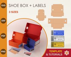 the shoe box and labels are shown in three different colors