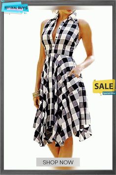 Women Black White Plaid Checks Dress Sleeveless Irregular Pleated Shirt Dress S Vintage Dresses Casual, Flare Shirt, Pleated Shirt Dress, Robes Vintage, Chic Shirts, Pleated Shirt, High Street Fashion, Mode Casual, Plaid Dress Shirt