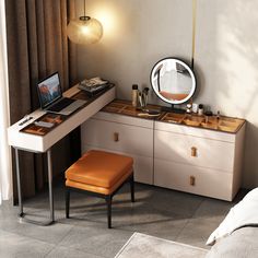 a bedroom with a desk, mirror and stool next to a window in the room