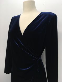 1980's blue dress by Reggio. Blue Velvet Wrap Dress, Velvet Wrap Dress, Wrap Front Dress, Lovely Dresses, Long Sleeve Mini Dress, Blue Velvet, Blue Dress, Blue Dresses, Wrap Dress