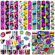 PRICES MAY VARY. What You Will Receive: the package contains 36 pieces of 80s 90s slap bracelets in 12 different designs, 3 pieces for each design, with 50 pieces of 80s and 90s themed stickers, enough to meet your needs on different occasions Retro Theme Design: these 80s 90s party favors slap bracelets are printed with a lot of retro patterns on the surface, such as disco balls, skateboarding shoes, tape recorders, guitars, records and so on, ideal for children's retro parties Proper Size to W Throwback Theme Party, 90s Party Favors, 80s 90s Party, 80s Party Decorations, Retro Stickers, 90s Theme Party, 80s Theme Party, Party Favors For Adults, Classroom Prizes