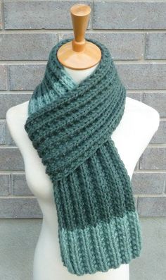 "This beautiful hand knitted scarf is made with chunky weight Wool Blend Yarn (80% Acrylic, 20% Wool). The scarf can be worn in multiple ways. Very beautiful colors. The colors may appear slightly different on different monitors. Measures: 71\" (180 cm) long x 7\" (17-18 cm) wide. From a smoke-free home. Care instructions: Hand wash in cool water and dry flat." Dark Green Scarf Crochet, Cheap Trendy Green Scarves, Green Crochet Knitting Pattern, Hand Knitted Green Knitting Pattern, Green Yarn Knitting Pattern, Hand Knitted Scarf, Bulky Knit, Brioche Stitch, Hand Knit Scarf