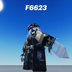 a lego figure holding a snow plow in front of a blue sky with the words f6623 above it