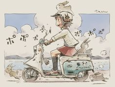 a drawing of a person on a scooter with rabbits in front of them