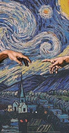 two hands reaching for each other in front of a painting