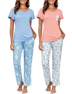 PRICES MAY VARY. MATERIAL: Womens pajama sets is made of super soft and cozy fabric, skin-friendly and moisture wicking. Comfy and lightweight loungewear set for a relaxing day or night. FEATURES: Pajama sets for women features short cap sleeve tops and long pants with 2 side pockets. Drawstring design makes the long lounge pants fit better. Colorful printed patterns provide simple but elegant loungewear style. Multi-Pack: Buying pajamas in bulk at a more affordable price allows you to save mone Casual Sets With Pockets For Sleepover, Comfortable Long Pants Sleepwear For Pajama Party, Loungewear Sets With Pockets, Comfortable Sleepwear With Pockets For Home, Comfortable Pajama Party Sets With Long Pants, Comfortable Long Pants Sets For Pajama Party, Relaxed Fit Sets With Pockets For Pajama Party, Casual Bedtime Sets With Pockets, Relaxed Fit Pajama Set With Pockets For Party