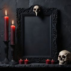 a frame with candles and a skull in front of it on a table next to a candle holder