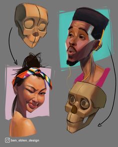 some drawings of people with different facial expressions and headgear, including a man in a turban