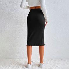 Elastic Waist Ribbed Knit Pencil Skirt comes with a high waist and fitted silhouette. The sheer, knitted fabric adds the perfect touch to this feminine skirt. This skirt is crafted from polyester for a comfortable fit. The Lettuce trim and rib-knit detailing make the skirt one of a kind and unique. Specifications: Style: Elegant Pattern Type: Plain Details: Lettuce Trim, Rib-Knit Type: Pencil Waist Line: High Waist Length: Midi Fabric: High Stretch Material: Fabric Composition: 95% Polyester, 5% Feminine Skirt, Knit Pencil Skirt, Elegant Pattern, Womens Pencil Skirts, Pencil Skirt Black, Fitted Silhouette, Green Skirt, Waist Length, Style Elegant